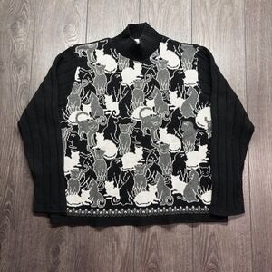 Vintage Cat 1990s All Over Knit Sweater Medium Black Animal Nature Grandma